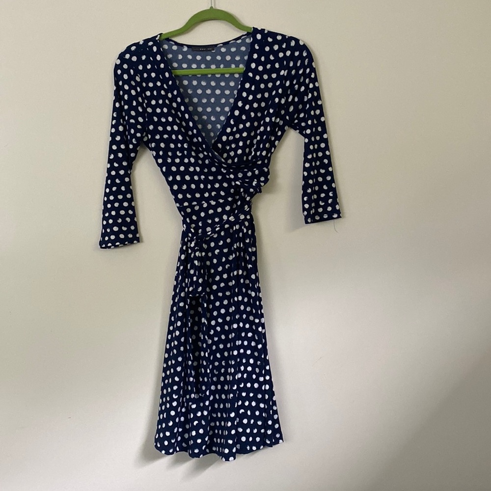 Navy blue & white polka dot dress. 3/4 sleeve. Comfy. With belt.